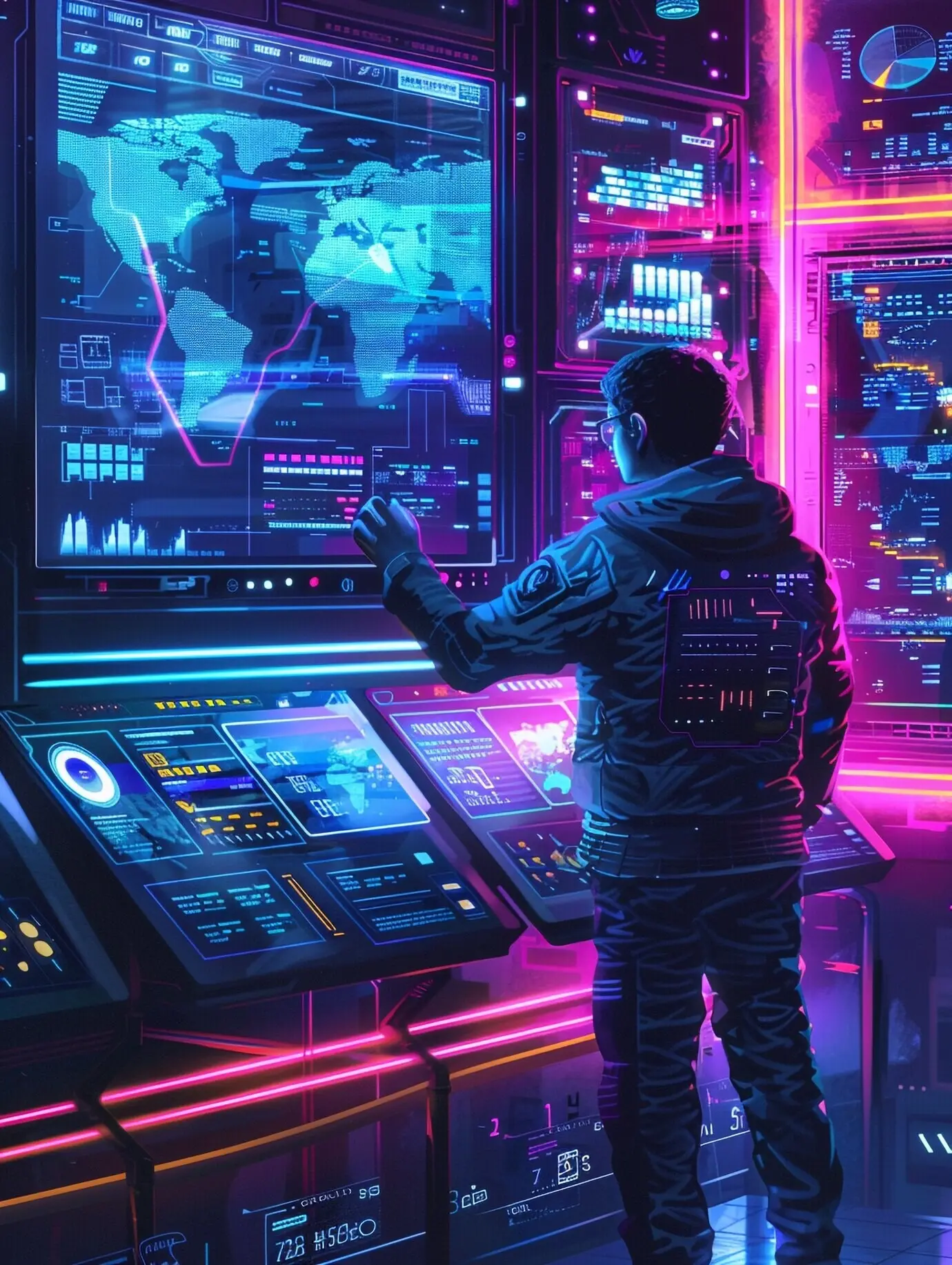 Especialista en ciberseguridad trabajando con tecnología bajo luces de neón.