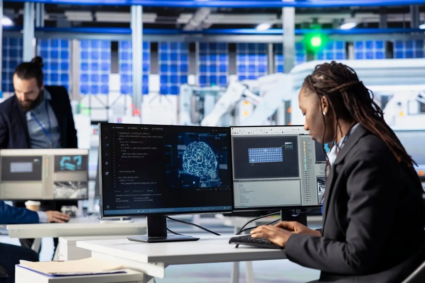 Trabajador de fábrica escribiendo código de IA en una estación de trabajo en una planta fotovoltaica.
